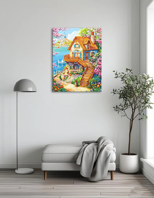 A painting depicting a house by the water, surrounded by vibrant flowers and lush trees.