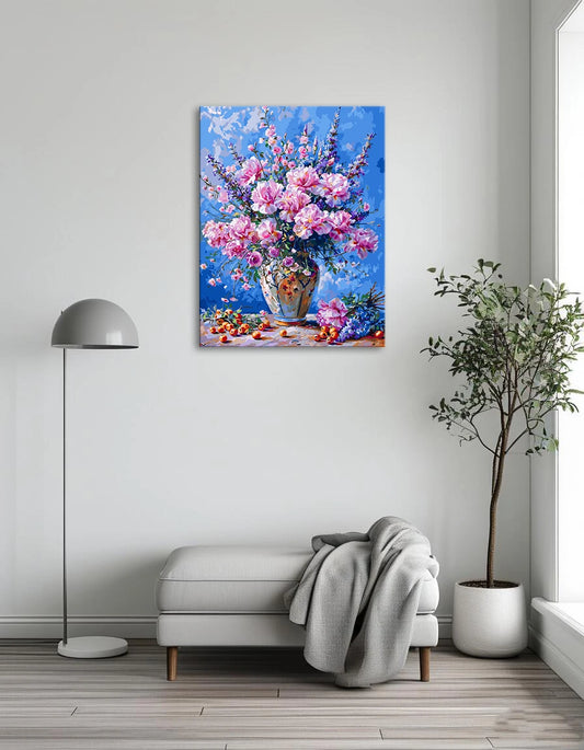 A painting depicting a vase filled with vibrant pink flowers against a soft background.