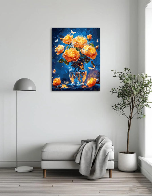 A painting depicting a vase filled with vibrant yellow roses against a soft background.