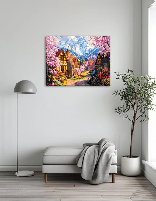 A vibrant painting depicting a village surrounded by colorful flowers and lush green trees.