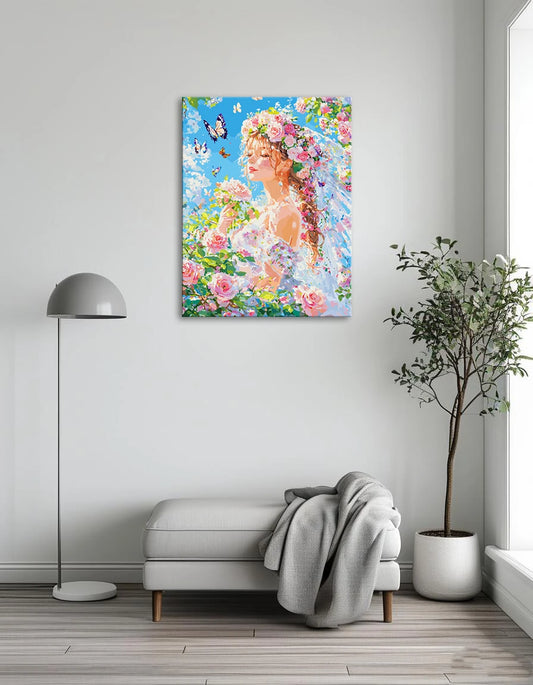 A painting depicting a woman surrounded by vibrant flowers and fluttering butterflies in a serene setting.