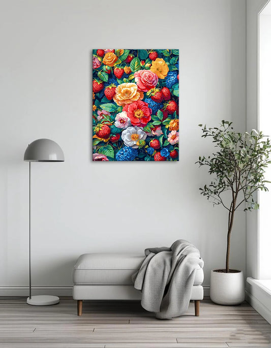 A vibrant painting featuring a bouquet of flowers alongside ripe strawberries on a textured background.