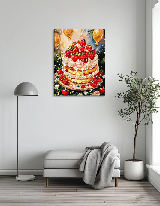 A colorful painting of a cake topped with strawberries, surrounded by festive balloons.