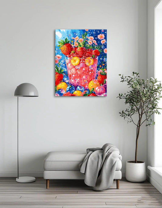 A vibrant painting featuring ripe strawberries surrounded by whimsical bubbles against a soft background.