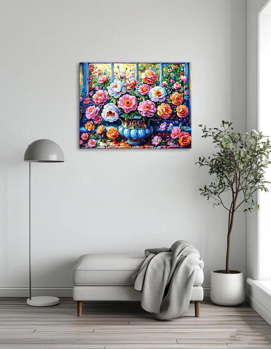 A painting depicting a vase of colorful flowers on a sunlit window sill, enhancing the serene indoor atmosphere.
