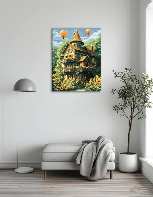A vibrant painting of a house surrounded by bright sunflowers under a clear blue sky.