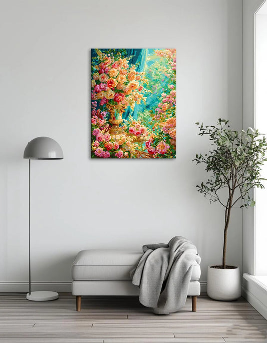 A colorful painting depicting a vase filled with a variety of blooming flowers.