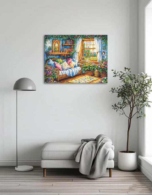 A painting depicting a cozy room featuring a couch and a vase of colorful flowers on a table.