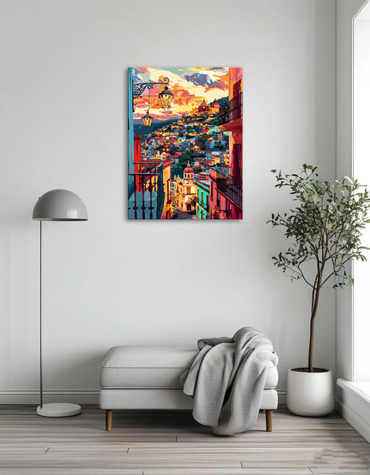 A vibrant painting of a city skyline illuminated by a colorful sunset, showcasing hues of orange, pink, and purple.