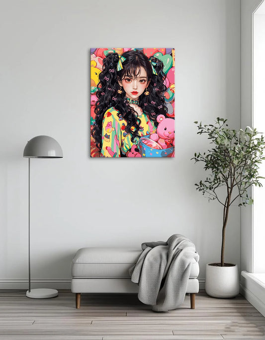 Anime girl with large eyes holding a teddy bear in one hand and a colorful bow in the other, smiling cheerfully.