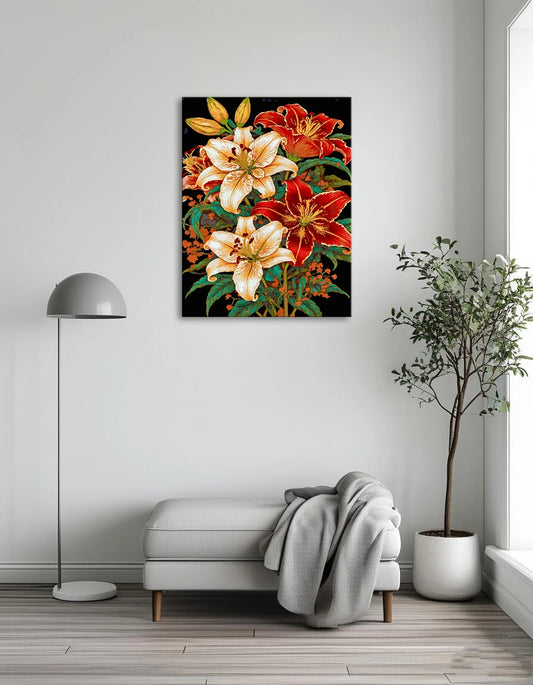A vibrant painting featuring blooming lilies surrounded by lush green leaves.