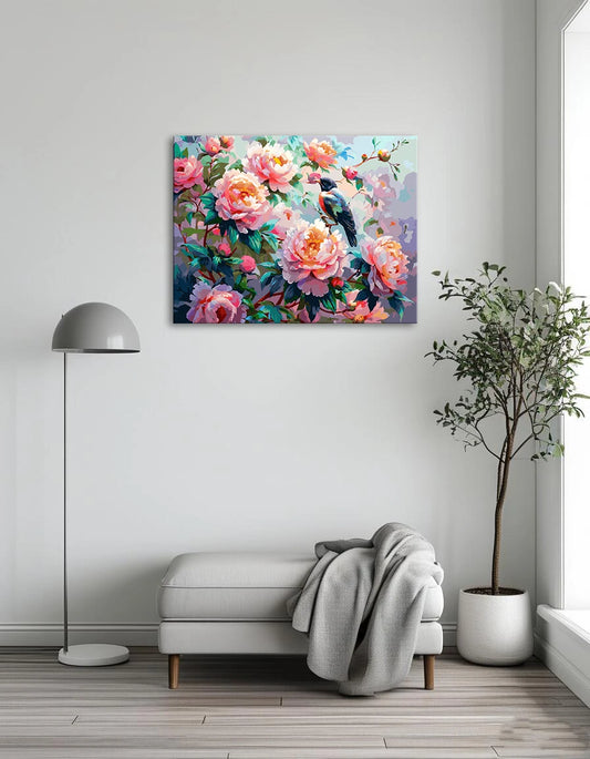 A painting depicting a bird perched on a branch adorned with delicate pink flowers.