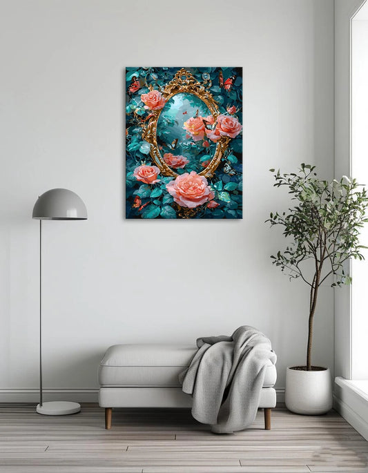 A vibrant painting featuring roses and butterflies reflected in a decorative mirror.