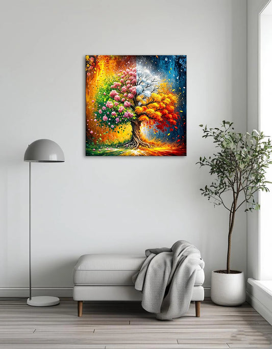 A vibrant painting of a tree adorned with colorful flowers and lush green leaves.