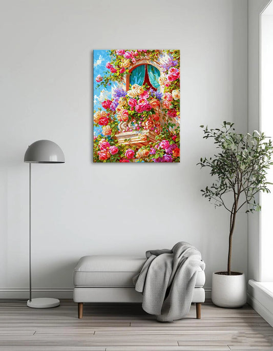 A painting depicting a window adorned with vibrant flowers and roses, creating a cheerful and inviting scene.
