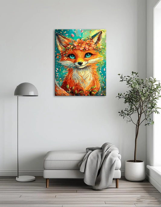 A fox adorned with colorful flowers in her hair, blending nature and whimsy in a vibrant display.