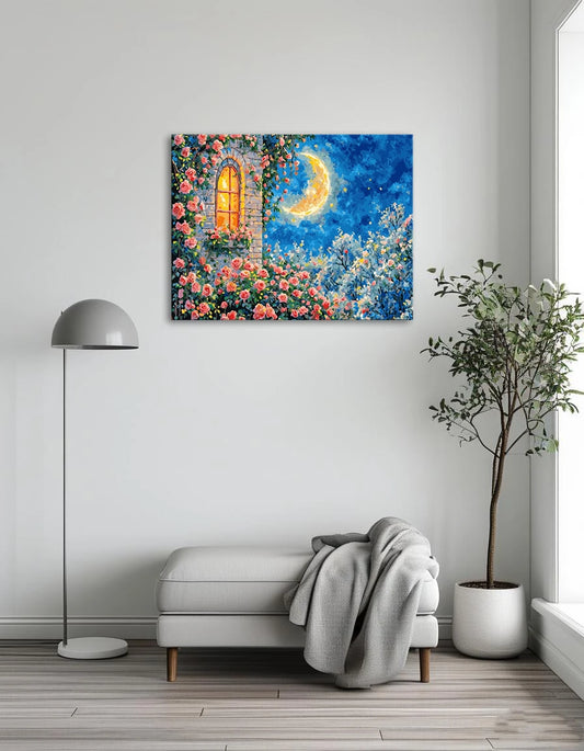 A painting featuring vibrant roses beside a window, with a glowing moon visible outside.