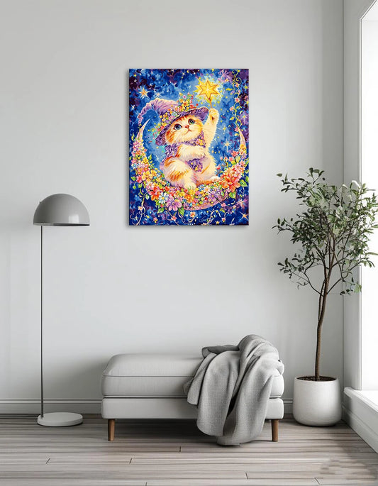 A colorful painting of a cat adorned with a prominent star on its body, showcasing a whimsical artistic style.