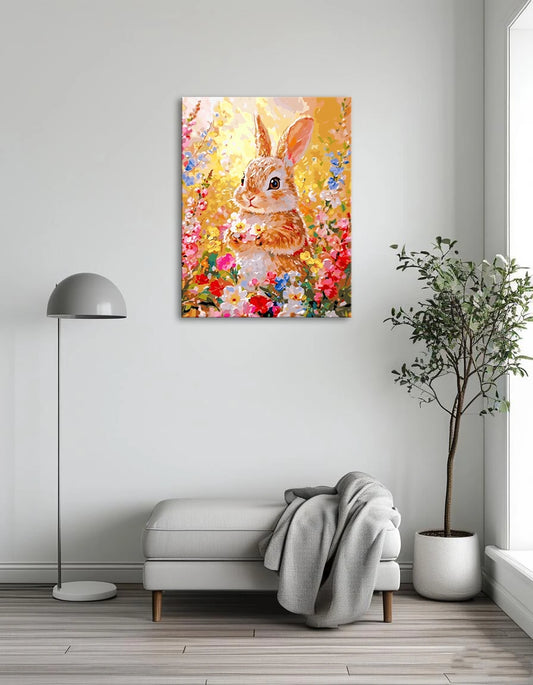 A colorful painting of a rabbit nestled among vibrant flowers in a sunny garden setting.
