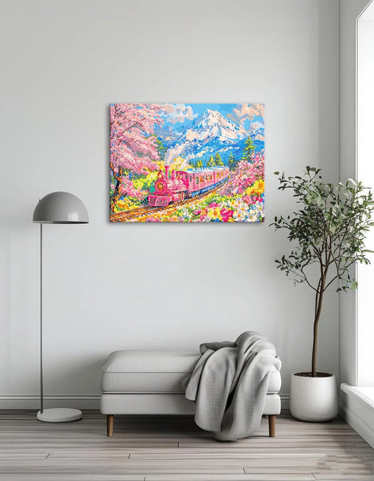 A pink train travels through a vibrant field of colorful flowers under a clear blue sky.