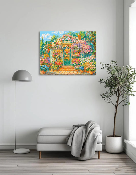 A vibrant painting of a flower shop filled with a variety of colorful flowers in an inviting display.
