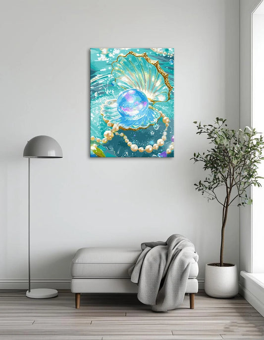 A painting depicting a pearl nestled in a shell, surrounded by additional pearls, showcasing their natural beauty.
