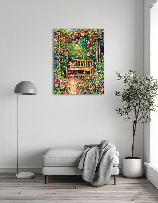A painting depicting a garden bench surrounded by vibrant flowers in full bloom.