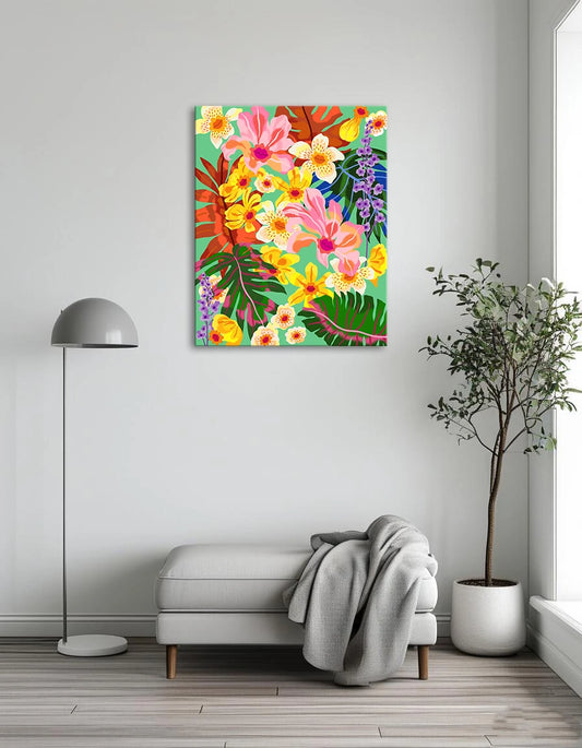 A vibrant pattern featuring tropical flowers and lush green leaves in various colors.