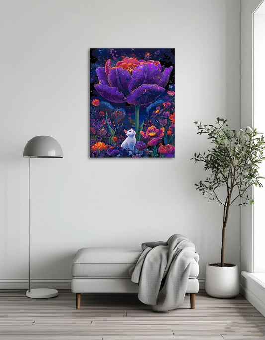 A playful cat sits beside a vibrant purple flower in a sunny field, surrounded by green grass.