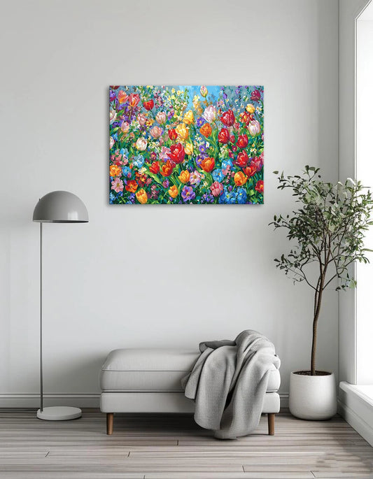 A vibrant painting of colorful flowers set against a bright blue sky.