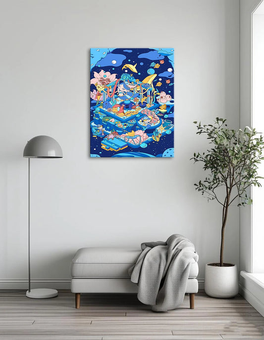 A blue and white poster featuring various fish and animals in a vibrant aquatic scene.
