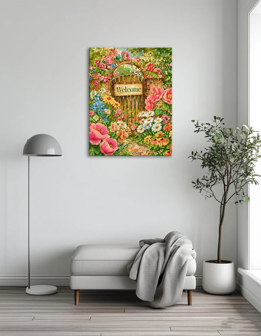 A painting depicting a welcome sign surrounded by vibrant flowers in a lush garden setting.