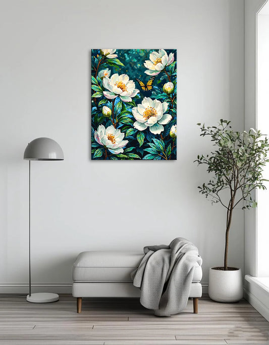 A painting featuring delicate white flowers with a colorful butterfly perched among them.