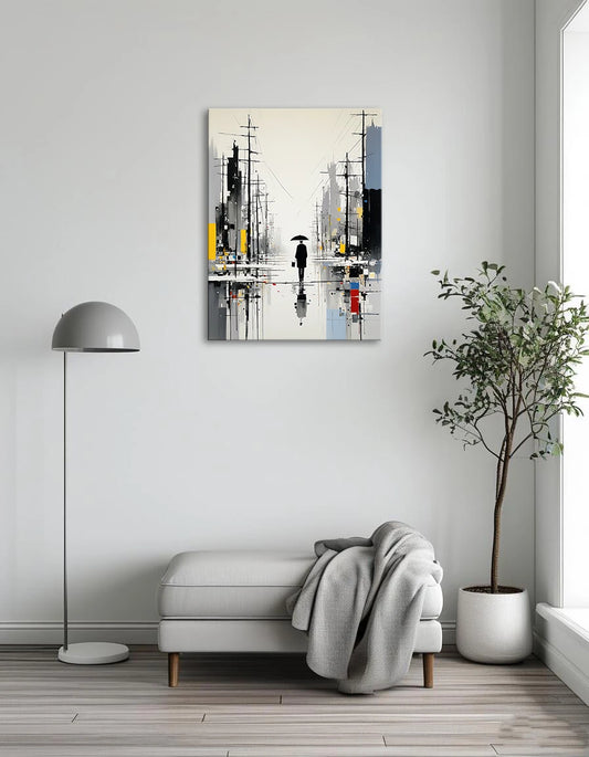 A man in a raincoat walks down a wet street, holding an umbrella as raindrops fall around him.