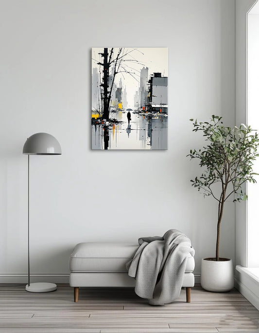 A painting depicting a man walking through a rainy street, with raindrops falling and reflections on the wet pavement.