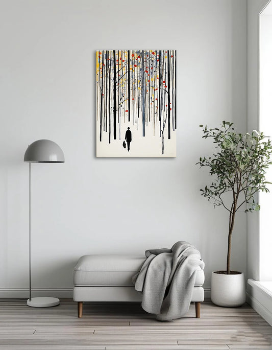 A painting depicting a man strolling through a lush forest, surrounded by tall trees and dappled sunlight.