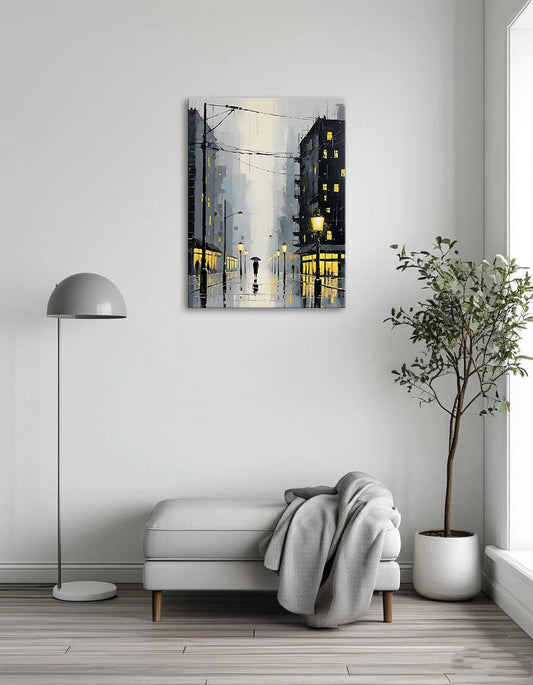 A colorful painting of a person walking down a rainy street, holding an umbrella against the falling rain.