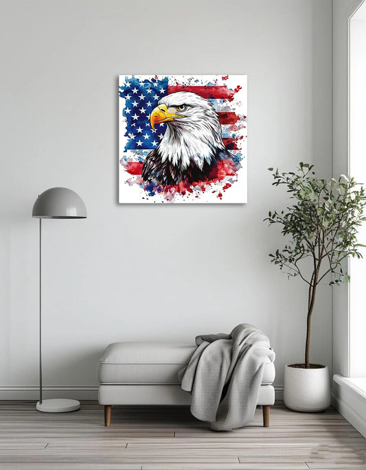 An eagle with an American flag