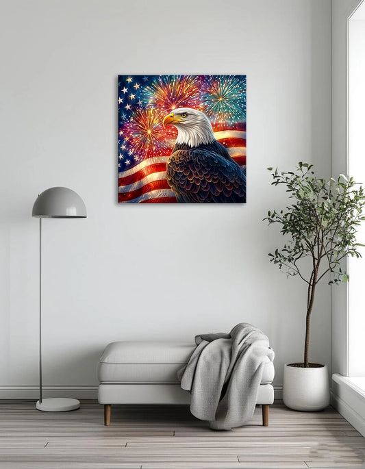 An eagle with an American flag