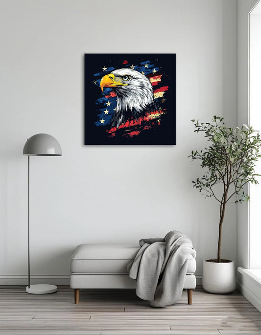 An eagle with an American flag