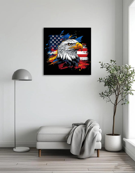An eagle with an American flag