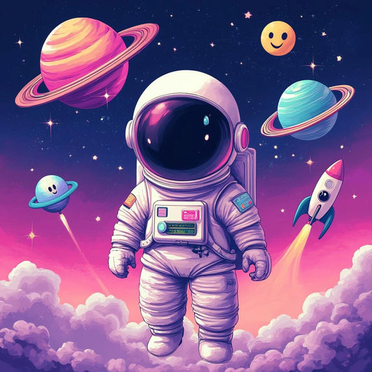 An astronaut floats in space, surrounded by planets and other cosmic objects, showing a magnificent cosmic landscape.