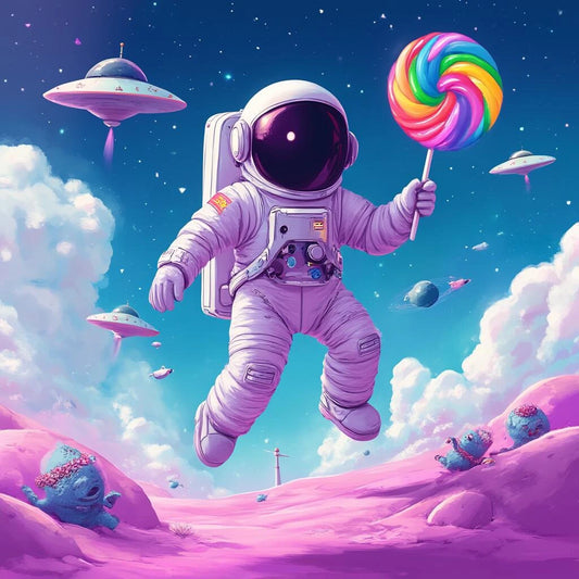 An astronaut floating in space, holding a colorful lollipop against a backdrop of stars and planets.