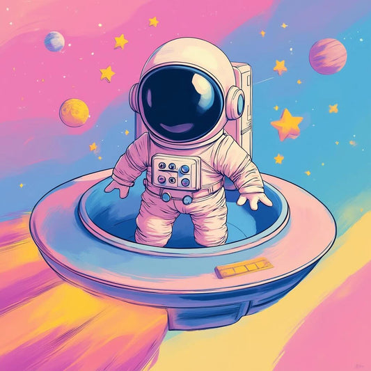 An astronaut floats in space beside a sleek spaceship, surrounded by stars and the vastness of the universe.