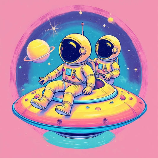 Two astronauts inside a spaceship, floating through the vastness of space, surrounded by stars and distant planets.