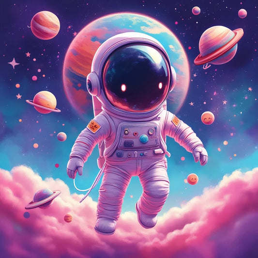 An astronaut in a spacesuit drifts among vibrant planets and shining stars, highlighting the beauty of outer space.