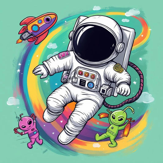 An astronaut in a spacesuit drifts through space, set against a bright and colorful rainbow backdrop.