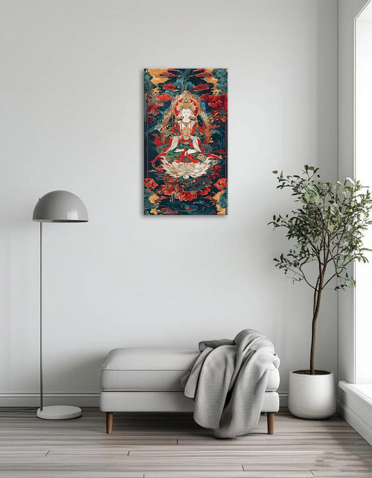 A serene painting of Buddha meditating peacefully in a lush green forest surrounded by trees and soft sunlight.