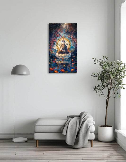 A serene painting of Buddha seated on a lotus pond, surrounded by vibrant flowers in a tranquil setting.