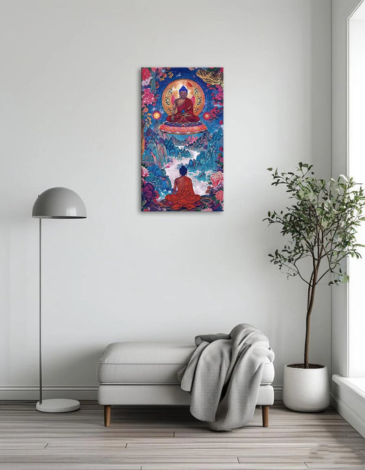 A serene painting of Buddha meditating peacefully in the center of a flowing river, surrounded by lush greenery.